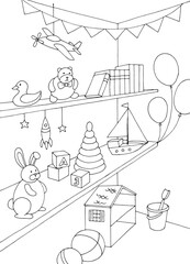 Toy shop graphic black white interior vertical sketch illustration vector 