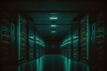 Image of a Running Data Center with Server Rack Rows. Computers are running and LED lights are blinking. Ambient darkness. Generative AI