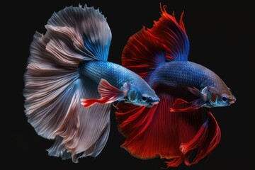 Fototapeta premium Half moon betta fish or siamese fighting fish in blue and red hue, isolated on a dark backdrop. Generative AI