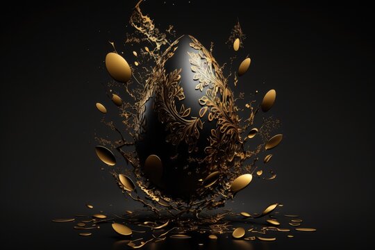 Luxury golden Easter egg falling on a black backdrop with design. Luxury Easter wallpaper including golden and black eggs. Generative AI
