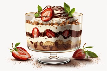 Italian tiramisu with fresh strawberries, savoyardi crumbs, and whipped cream is served in a glass atop marble. Simple dessert recipes include cheesecake, pudding, and berry trifle cake. Generative AI