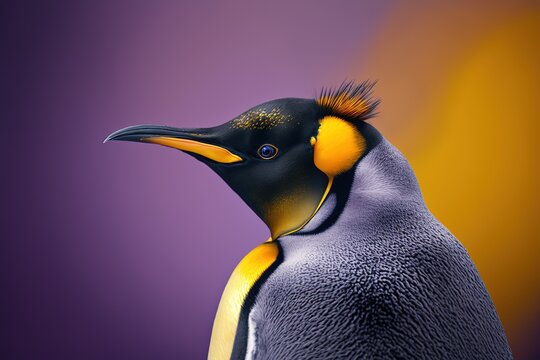 closeup king penguin portrait photo on purple background, generative ai