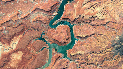 Colorado River, Lake Powell and Trachyte Canyon looking down aerial view from above – Bird’s...