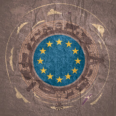 Circle with agricultural icons. Objects located around the circle. Field for text in the center. Background for eco products with flag of European Union.