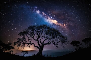 Obraz na płótnie Canvas Milky Way and tree silhouettes at Phu Hin Rong kla National Park Thailand's phitsanulok. Generative AI