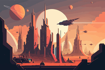 Illustration of the futuristic technological city,  vector flat Eps 10