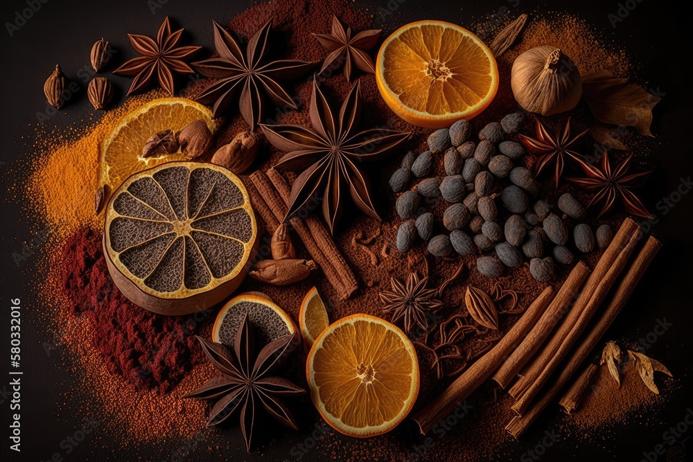 Poster on the table are dried fruits and spices in various colors. idea for a background with spices. gener