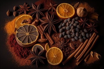 On the table are dried fruits and spices in various colors. idea for a background with spices. Generative AI