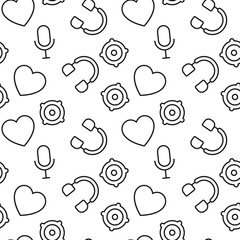 Fototapeta premium Seamless repeating monochrome pattern of loud speaker, musical note, heart, microphone, headphone. Perfect for web sites, apps, shops, backgrounds, wallpapers