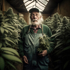Old farmer on a cannabis farm - Genreative AI