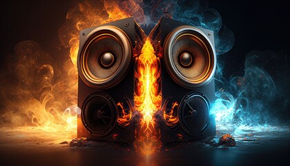 speakers surrounded by fire, burning speaker. Created with generative AI.