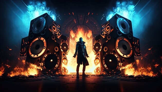 speakers surrounded by fire, burning speaker. Created with generative AI.