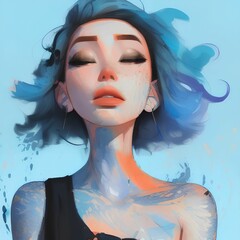 illustration of woman with blue tone, generative art by A.I