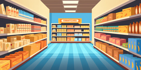 Aisle in grocery store and shelves with food vector background. Supermarket interior background perspective view. Merchandise in supermarket with display shelf full of products to buy. Generative AI.