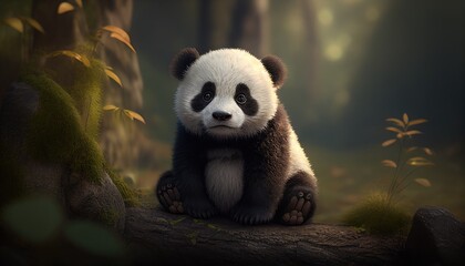 Obraz na płótnie Canvas cute baby panda sad in the forest. Created with Generative AI.