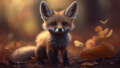 Obraz premium Adorable baby fox in a forest. Created with Generative AI. 