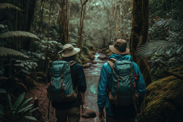 Obraz na płótnie Canvas Rucksack Touristen gehen durch den Regenwald