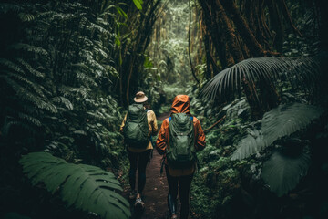 Rucksack Touristen gehen durch den Regenwald