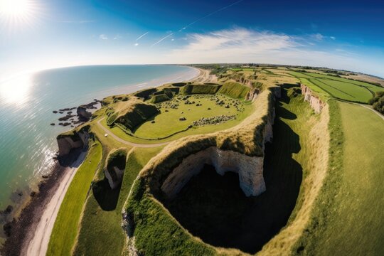 Drone aerial shot of the Pointe du Hoc location in Cricqueville en Bessin, France and the Normandy landing beaches. Generative AI