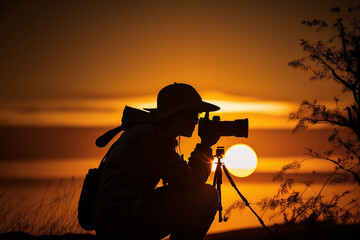 silhueta de fotografo em lindo por do sol 