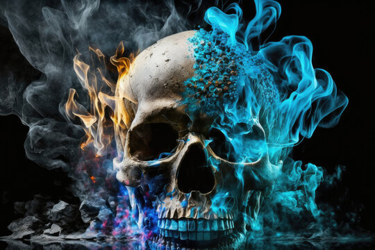 abstract skull, burning colorful, smoke rising, background image