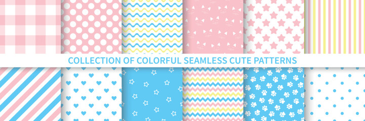 Collection of seamless cute patterns - delicate colorful design. Cartoon endless children prints. Repeatable unusual textile backgrounds
