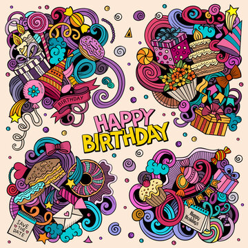 Birthday cartoon vector doodle designs set.