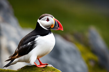 Fototapeta premium Arctic puffin bird (Fratercula arctica) on the steep cliffs of Iceland, beautiful northern flowers, dramatic waves, low clouds. Generative AI