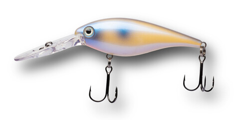 Yellow and bluye crankbait with shadow behind