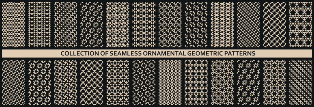 Collection of vector seamless beige geometric patterns. Abstract dark design. Endless decorative backgrounds. Monochrome mosaic textures