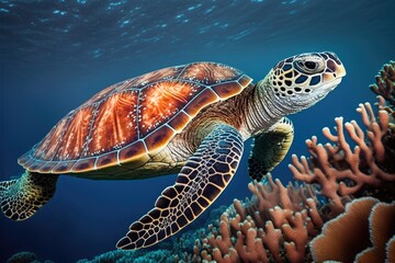 Obraz premium Eretmochelys imbricata, the hawksbill turtle, floats in the water. Indian Ocean coral reef in the Maldives. Generative AI