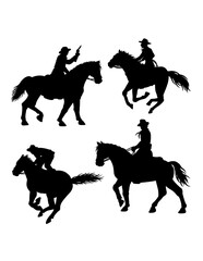 Female cowboy riding his horse action pose silhouette
