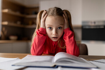 Too Much Homework. Closeup Shot Of Shocked Little Schoolgirl Touching Head