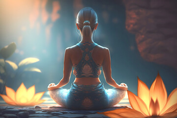 Wellness young woman practice yoga and meditation in lotus position. Generative AI