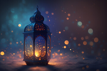 Ramadan Lantern with Colorful Light Glowing at Night and Glittering made with Generative AI