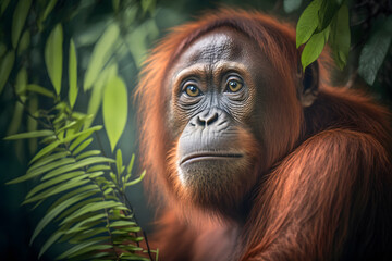 Fototapeta premium Portrait of an orang utan in rainforest of Borneo. Generative AI