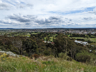 An aerial view across the regional city of Goulburn, N.S.W., Australia from Rocky Hill.