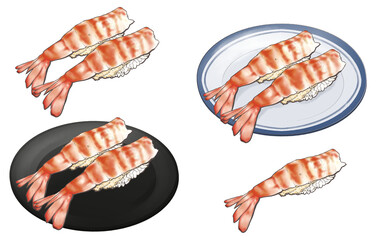 エビの寿司一貫＆1個＆皿二種類セット 鮨 イラスト素材 白背景　他ネタ・差分あり 海老・車海老