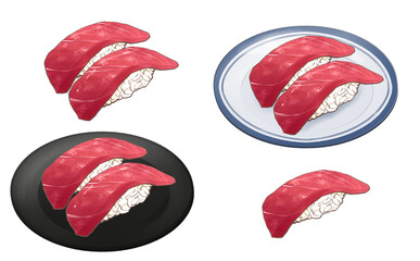 マグロの寿司一貫＆1個＆皿二種類セット 鮨 イラスト素材 白背景　他ネタ・差分あり 鮪・赤身
