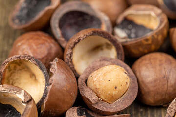 A bunch of ripe macadamia nuts in a hard shell