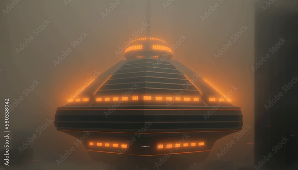 Poster the tower is a building of modern architecture futuristic design, fog with red orange lighting. gene
