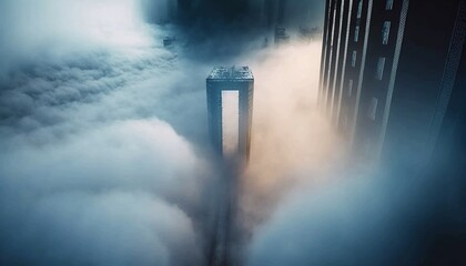 Building breaking through the clouds in the form of an angular arch, skyscrapers. Generative AI.