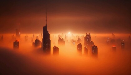 Fototapeta premium View of the skyscrapers breaking through the clouds, in the orange sunset lighting. Generative AI.