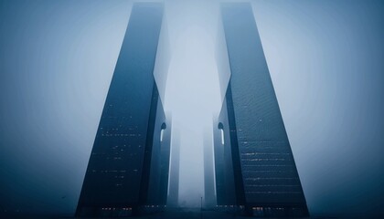 Twin towers, skyscrapers, in bluish lighting, shrouded in morning fog, architecture of the future, concept. Generative AI.