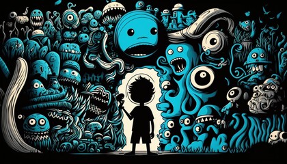 Cartoon monsters, cute creatures of blue-green shades. Silhouette of a guy surrounded by monsters, notebook cover. Generative AI.
