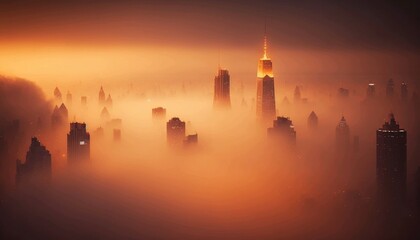 Fototapeta premium View of the skyscrapers breaking through the clouds, in the orange sunset lighting. Generative AI.