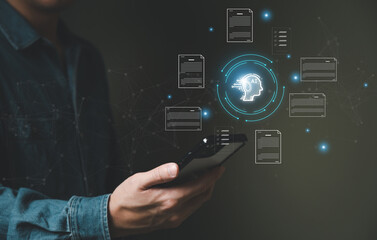 Selective focus at human hand while type or input a command to navigate chatbot or AI to get answer or information from big database. Artificial intelligence that can provide SEO or business info.