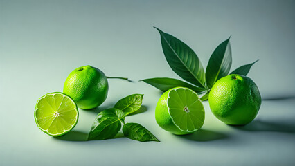 Composition of a set of limes on a plain pastel background.  Generative AI