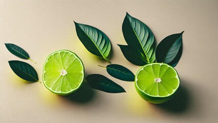 Composition of a set of limes on a plain pastel background.  Generative AI