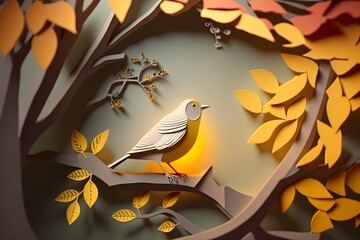A paper cut out of a bird sits on a branch made with generative AI